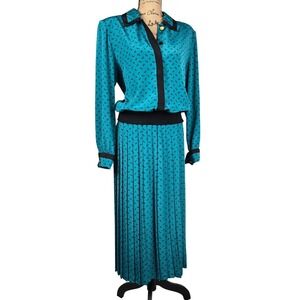 Vintage 80s Andrea Gayle Teal Paisley Pleated Skirt Set‎ Blouse 2pc Suit Size 12